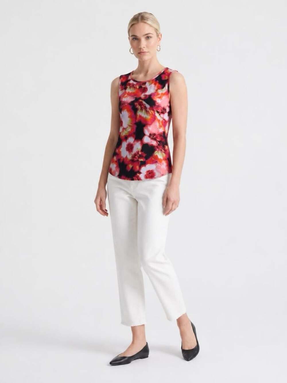 Worthington Floral Sleeveless Top Size L Red Black Ruffle
